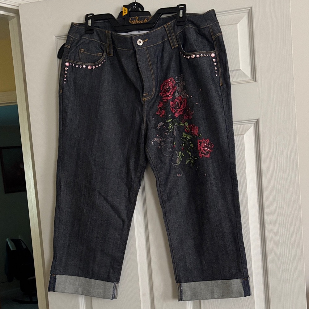 Baby Phat Black Cropped Jeans with Red Rose Embroidery and Pink Rhinestones
